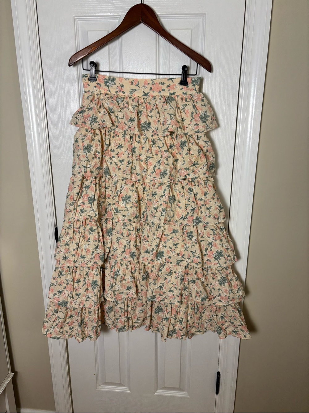 Static Floral Tiered Ruffle Midi Skirt - Cream with Pink & Green Floral